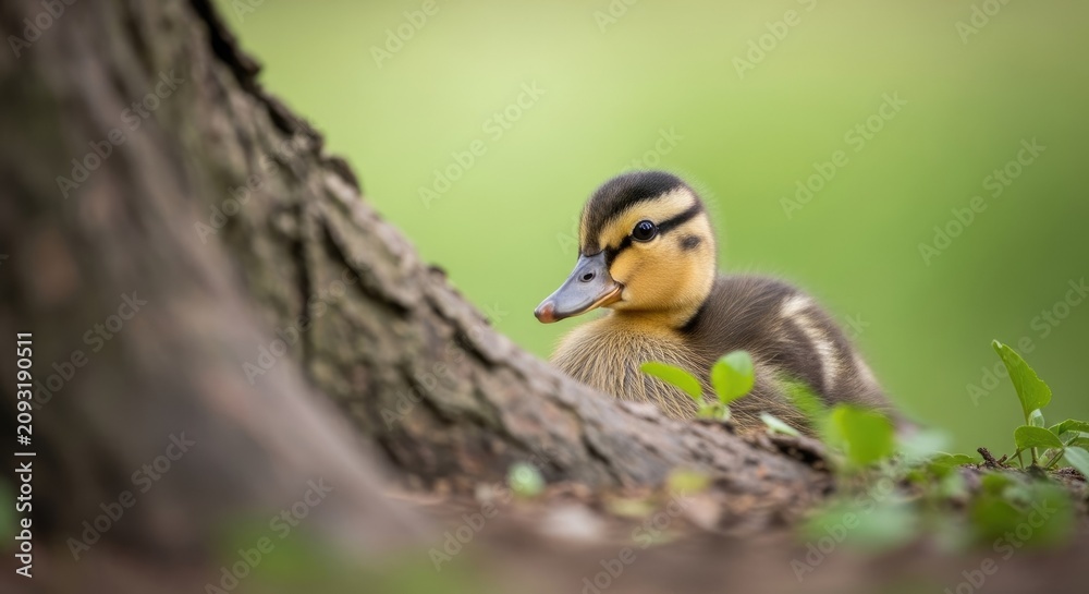 Fototapeta premium Young duckling peeking from behind a tree.