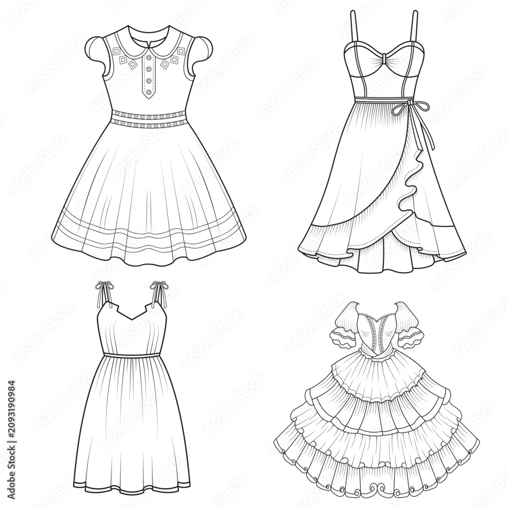 Fototapeta premium Collection of women's clothing technical sketches showing various styles black and white line art illustration for fashion design. Elegant woman, fashion illustration, line art, puffy sleeve dress,