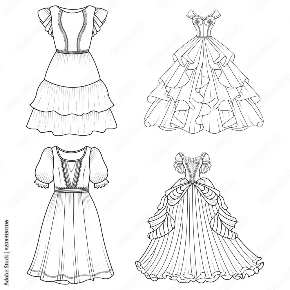 Fototapeta premium Collection of women's clothing technical sketches showing various styles black and white line art illustration for fashion design. Elegant woman, fashion illustration, line art, puffy sleeve dress,