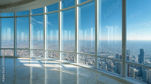 structural. Observation deck interior with large glass window overlooking a modern cityscape in daylight. real-estate listings.
