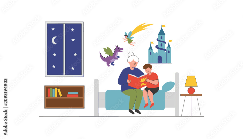 Naklejka premium Loving grandmother reading a fairy tale book to her grandson in bed with imaginative dream elements floating around them.