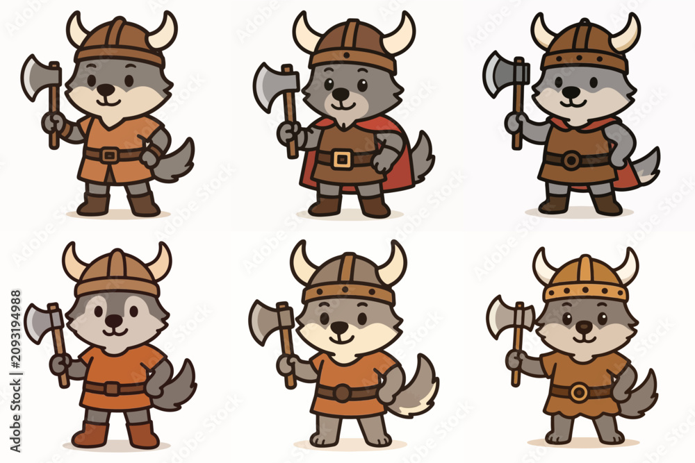 Fototapeta premium Cute Viking Wolf Character Collection – Cartoon Norse Warrior Wolf Mascot with Axe and Horned Helmet Vector Set