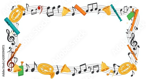 Musical instruments and notes frame border with brass horns, trumpets, and treble clefs on white background. Isolated design element for music education, event invitations, and creative projects.
