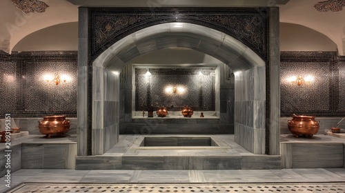 hammam. Interior of a traditional Turkish hammam with a central marble platform. real-estate listings, architecture portfolios, designed for architectural facade and classical detail presentations.