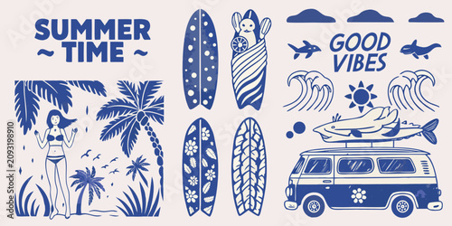 Bild auf Leinwand summer time surfboards and beach scene vintage illustration palm trees woman swi