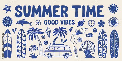 Foto summer time good vibes vintage illustration with surfboards palm trees and van b