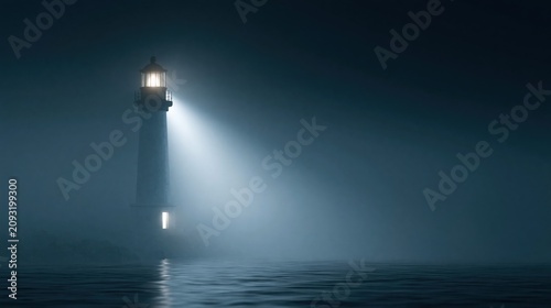 Mysterious lighthouse in dense fog emitting a powerful beam of light over dark ocean water