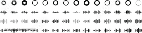 Bild auf Leinwand Collection of black sound waveforms and circular audio equalizer