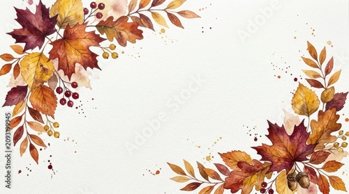 Autumn leaves and berries watercolor border design with acorns