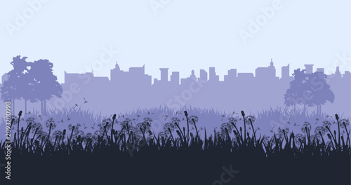 Dandelion Meadow Silhouette Vector Landscape with Urban Skyline Background