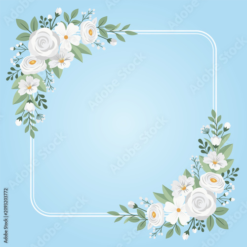 Elegant White Floral Corner Frame with Blue Background Flat Vector Border Template