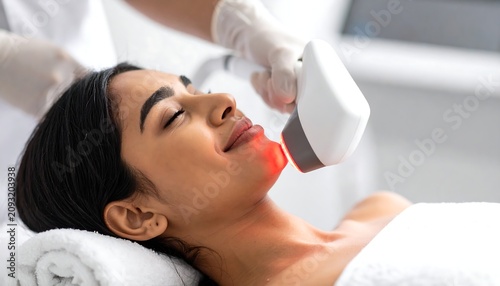 Patient receiving facial laser treatment at a medical spa, glowing