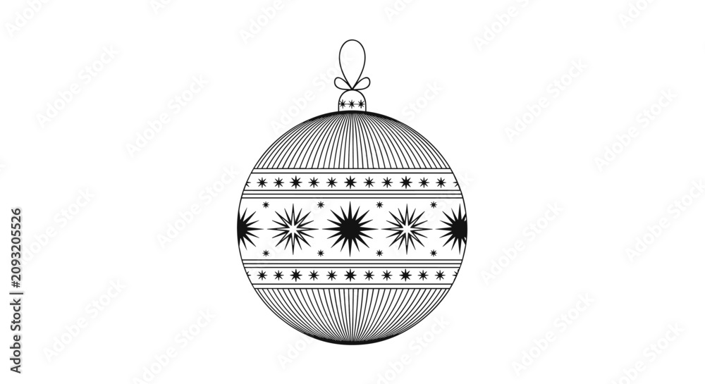 Fototapeta premium Detailed line art of a Christmas bauble ornament with intricate patterns of stars and stripes for holiday coloring or decoration.