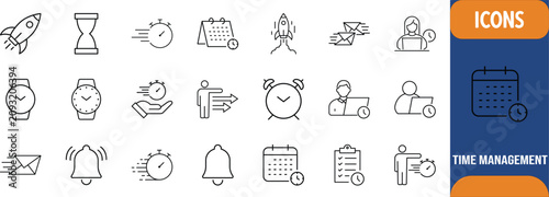 Time management productivity outline icons. calendar icon set, clock icon set, stopwatch icon set