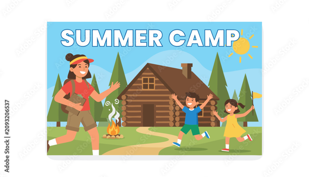 Fototapeta premium Fun summer camp postcard design featuring an active counselor and happy running children in front of a log cabin.