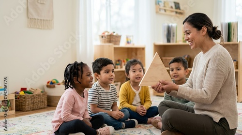 Smiling teacher educating four attentive young students about geometric shapes in a cheerful and organized learning environment.