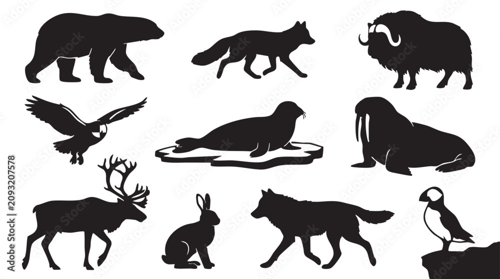Fototapeta premium Animals Including Bear, Wolf, Deer, Rabbit, and Bird in Silhouette Style for Nature and Wildlife Illustration featuring forest, vector, black