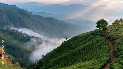 Lone tree overlooking a misty mountain tea plantation