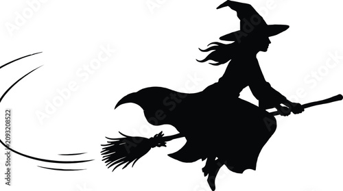 Cuadro en lienzo Flying witch silhouette riding a broomstick Halloween vector illustration
