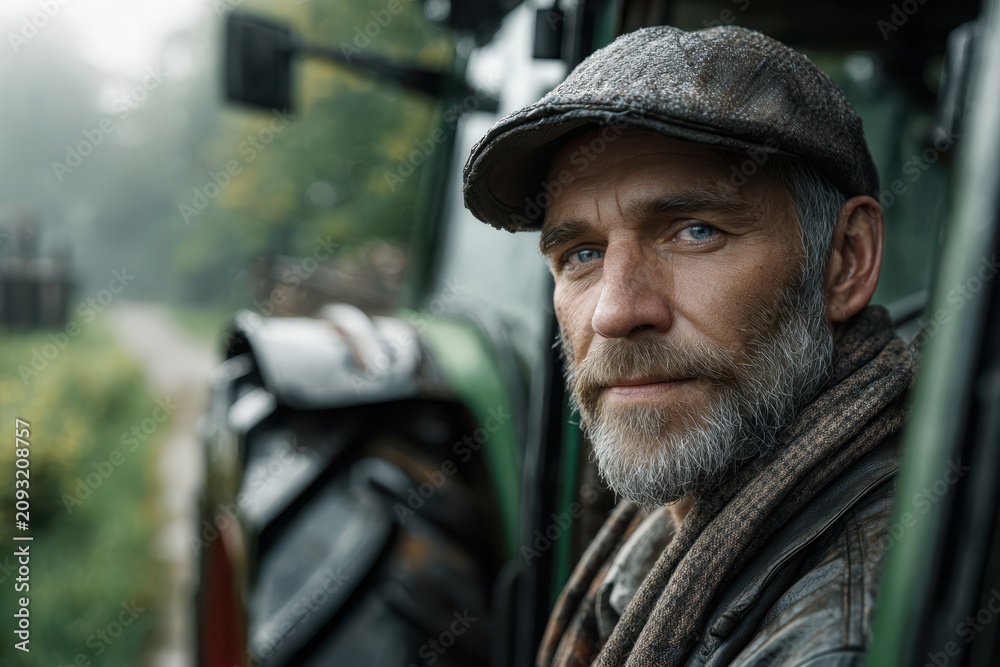 Fototapeta premium Farmer resting by vintage tractor in morning mist at rural countryside