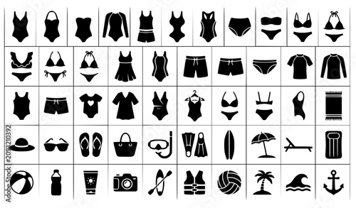 Konstfotografi Summer Swimwear and Beach Vacation Icon Set Featuring Bikinis, Swim Trunks, Sun