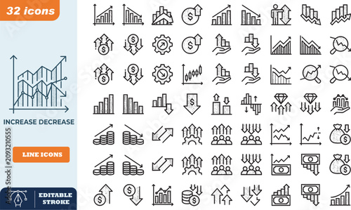 Set of finance and market growth line icons for business data analysis.