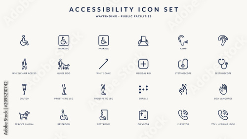 Modern accessibility icon set for wayfinding and public facilities with clear symbols