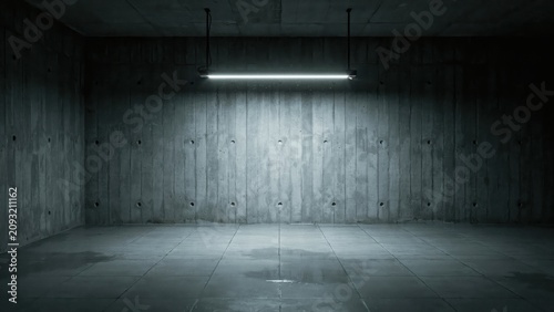 Empty industrial concrete room with a single fluorescent light