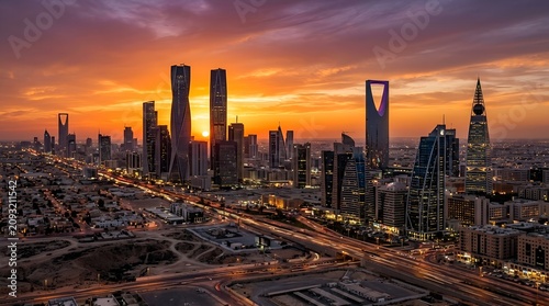 Riyadh city skyline silhouetted against sunset sky in Saudi Arabia at dusk