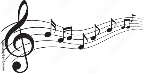 Musical notes on staff with treble clef elegant design on transparent background