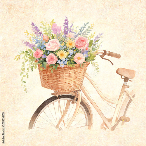 Watercolor Vintage Bicycle with a Basket Full of Colorful Spring Flowers, Romantic Floral Illustration on Textured Background
