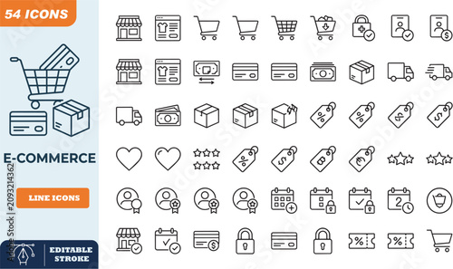 Fotografía Set of 54 e commerce and online shopping vector line icons with shopping