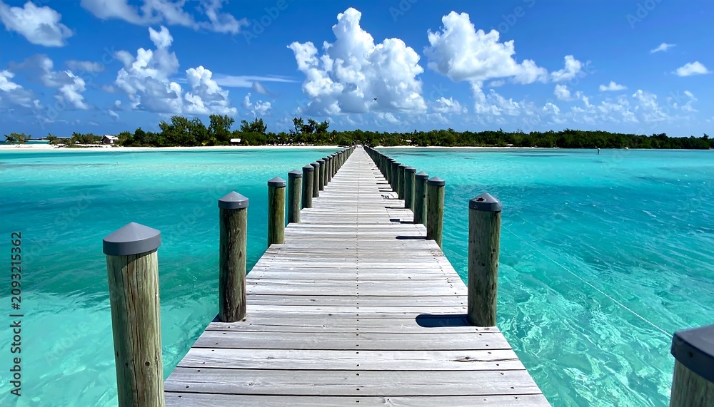 Fototapeta premium Long wooden pier extends over bright turquoise water to an island