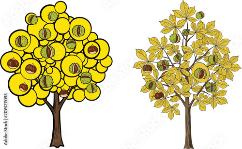 Bild auf Leinwand Chestnut tree illustration, autumn yellow foliage, cartoon style chestnut tree,