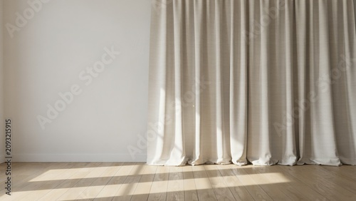 Minimalist interior with beige curtains and wooden floor