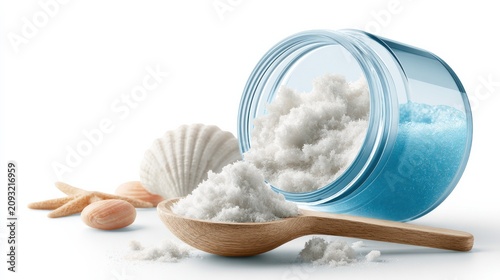 Sea salt spilling out of a blue glass jar onto a wooden spoon, with seashells and starfish scattered nearby, evoking a sense of oceanic freshness and natural purity