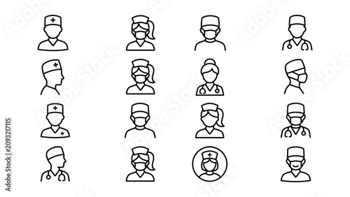 Fotografía Black line icons of various medical professionals wearing masks and scrubs and c