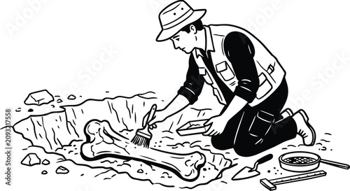 Obraz na płótnie Paleontologist or archaeologist kneeling and brushing a large bone fossil at an