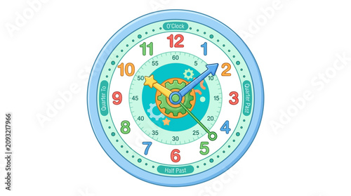 Educational Wall Clock with Colorful Numbers for Kids Learning Time Management Vector Illustration