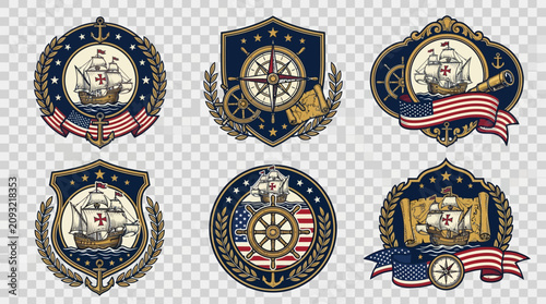 American nautical emblems with ships wheels and flags are displayed