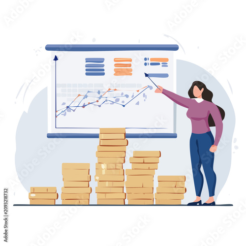 Woman presenting business chart and growth graph illustration