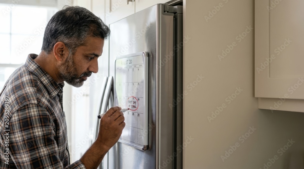 Fototapeta premium Man in plaid shirt writing on whiteboard attached to refrigerator in kitchen
