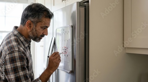 Man in plaid shirt writing on whiteboard attached to refrigerator in kitchen