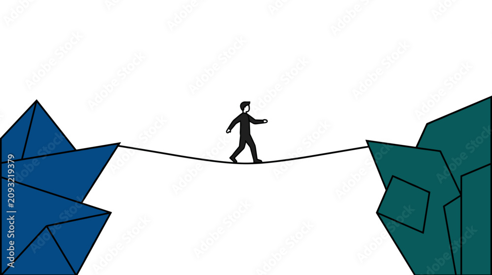 Foto Man walks tightrope between blue and green angular rock formations