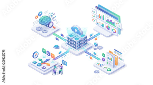 Isometric illustration of a central data server connecting various digital services and applications.