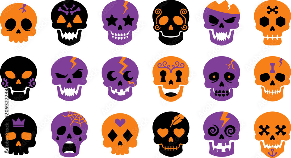 Obraz premium Collection of Halloween skull icons with spooky faces and creepy designs perfect for holiday decorations party invitations and scary costume elements.