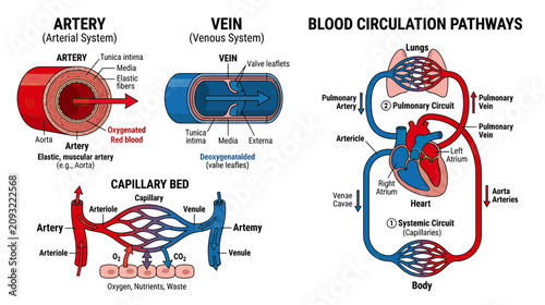 Bild auf Leinwand Human Blood Circulation Pathways: Artery, Vein, Capillary Bed, and Heart Diagram
