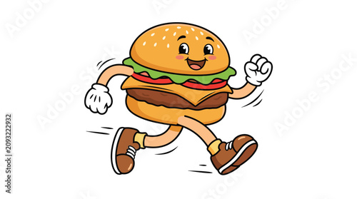 Happy Burger Character Running Fast Cartoon Fast Food Mascot Vector