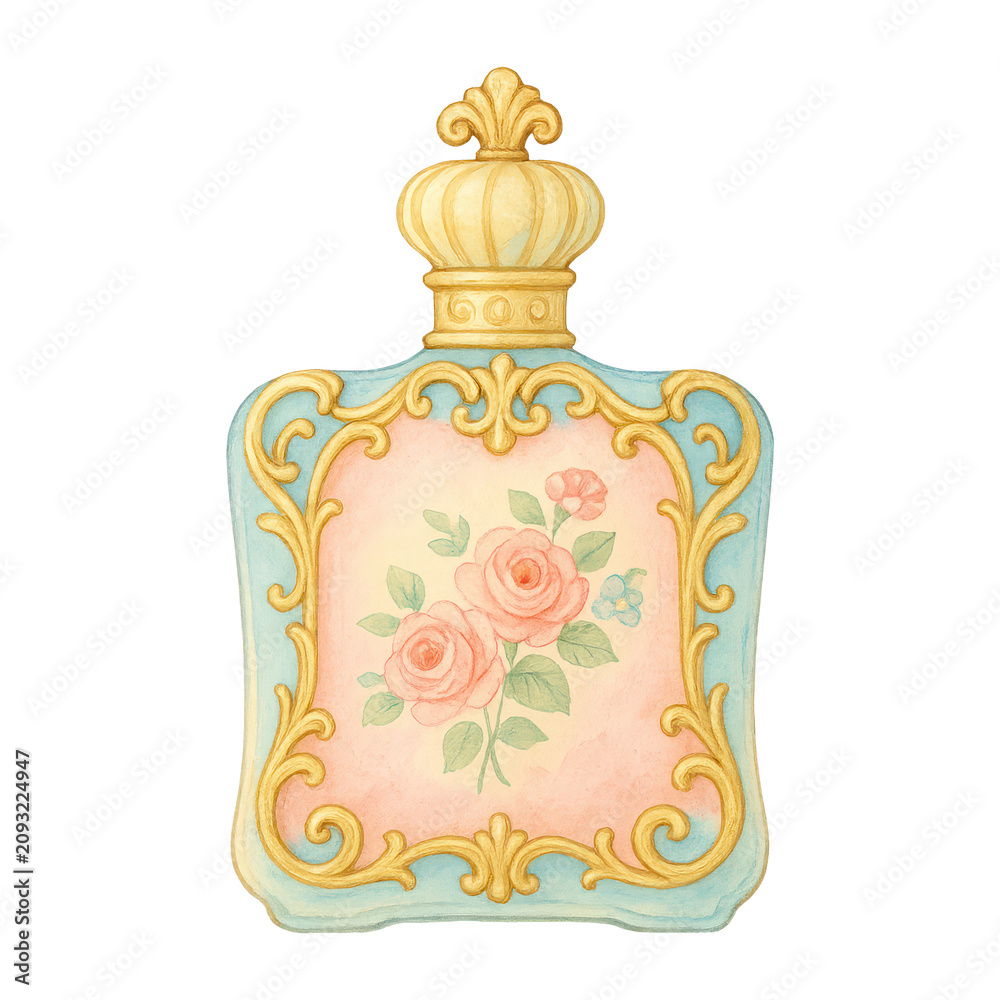 Obraz premium PNG Vintage floral perfume bottle illustration.