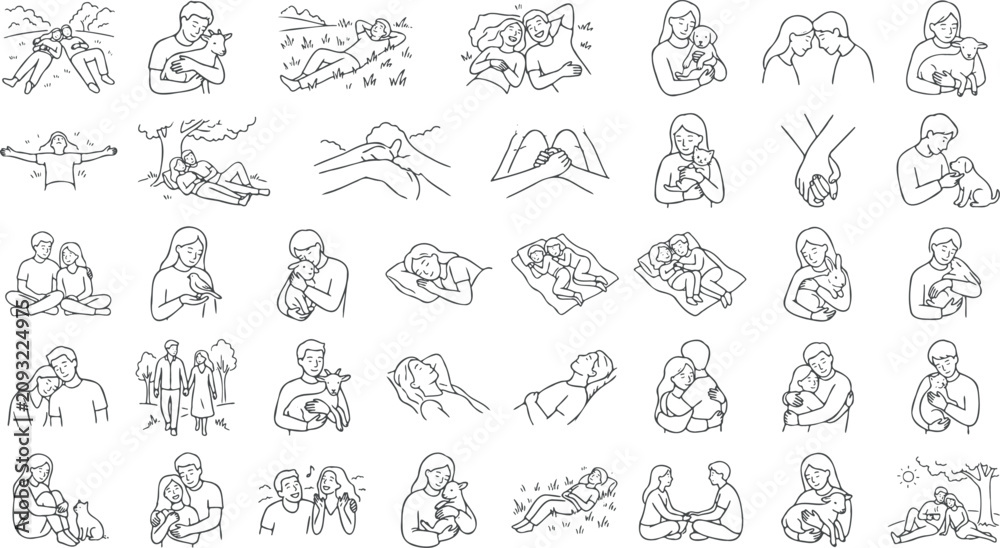 Fototapeta premium Vector illustration of people and animals in various affectionate and happy poses, showing love and care in a simple line art style on a white background.